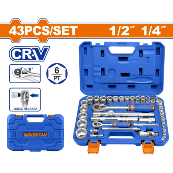 SET DE TUBOS CON CRIQUE DE 1/4" Y 1/2" 43 PIEZAS DE ACERO WST3D43