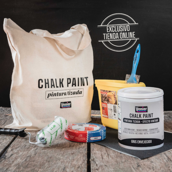 COMBO CHALK PAINT GRIS ENVEJECIDO 1L + ACCESORIOS
