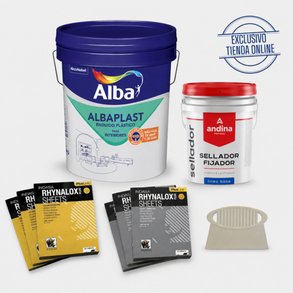 COMBO ALBAPLAST ENDUIDO INTERIOR PLÁSTICO 20 KG + ACCESORIOS