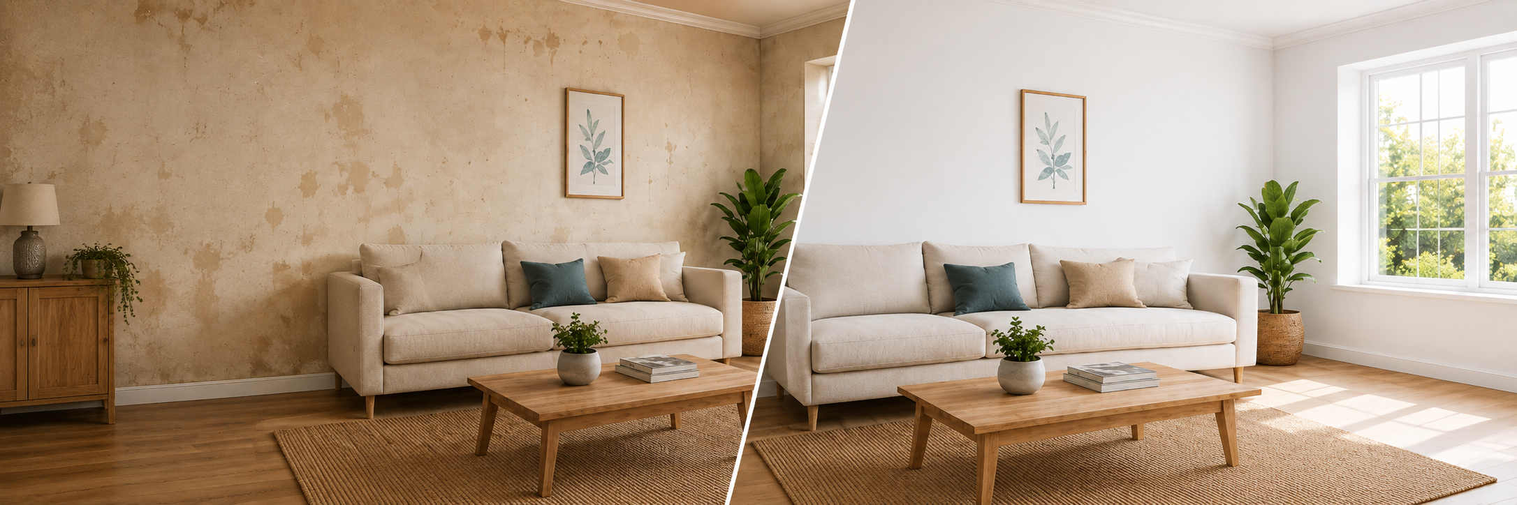 Living antes y después de renovar las paredes con látex interior y exterior